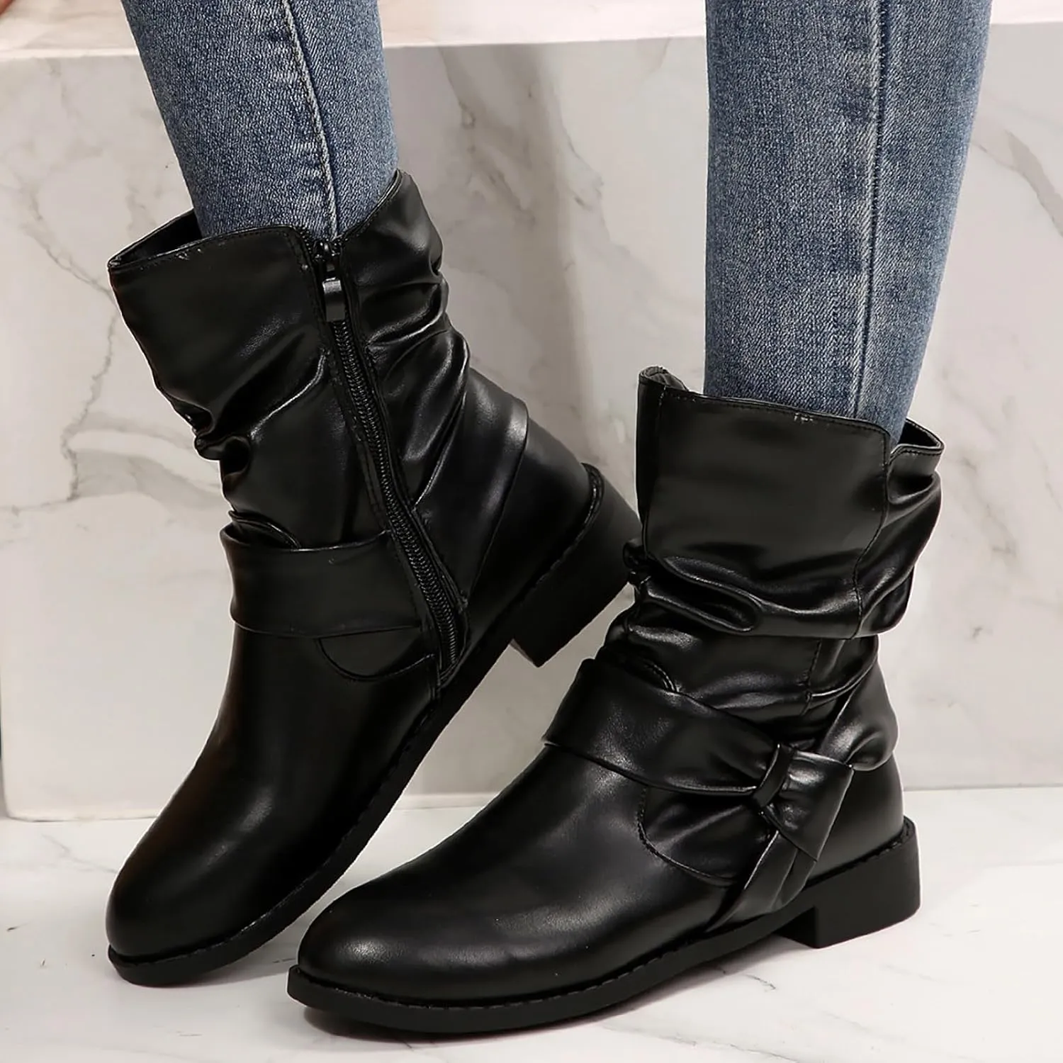AMDBEL Mid Calf Boots for Women Low Heel Fall Boots for Women 2024 Comfortable Zipper Ankle Boots Fashion Booties Shoes