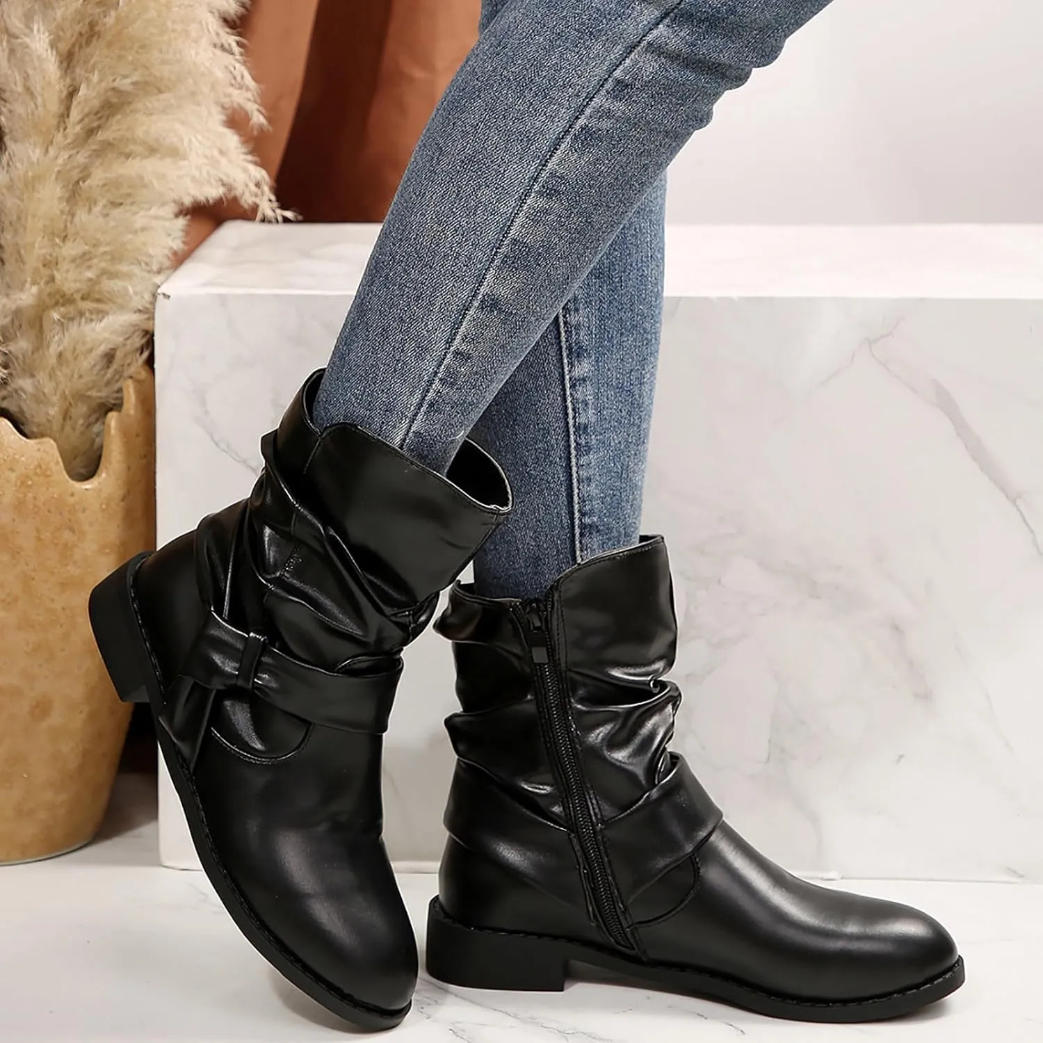 AMDBEL Mid Calf Boots for Women Low Heel Fall Boots for Women 2024 Comfortable Zipper Ankle Boots Fashion Booties Shoes