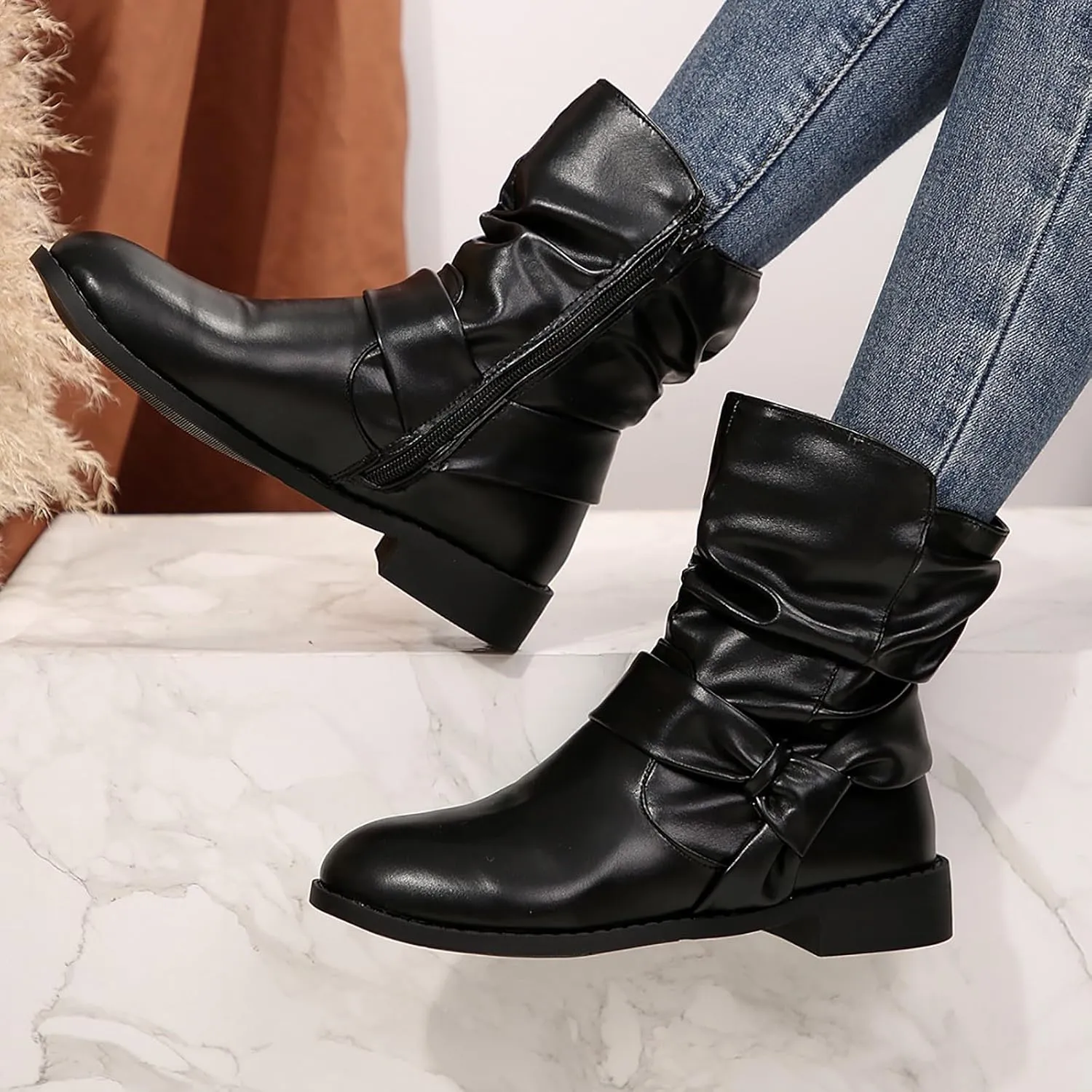 AMDBEL Mid Calf Boots for Women Low Heel Fall Boots for Women 2024 Comfortable Zipper Ankle Boots Fashion Booties Shoes