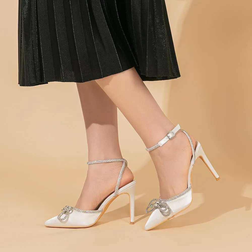 Amoji Women's Stilettos Rhinestone High Heels 4'' Pumps Ankle Strappy for Wedding Party Dressing Dress Shoes 308