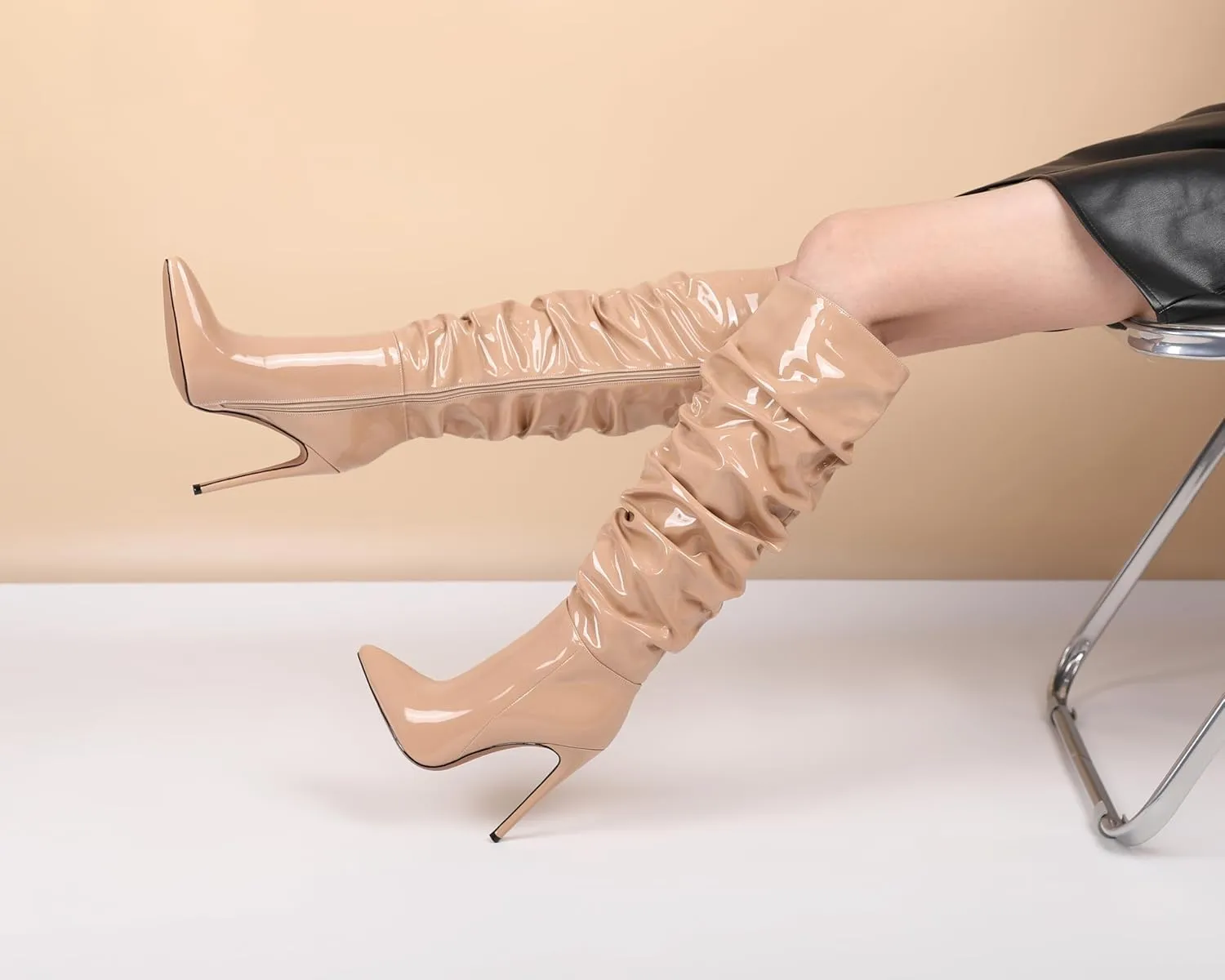 AUMOTED Knee High Boots for Women Stiletto Heel Womens Boots Side Zipper Slouchy High Boots for Women 4.7 Inch Heeled Boots