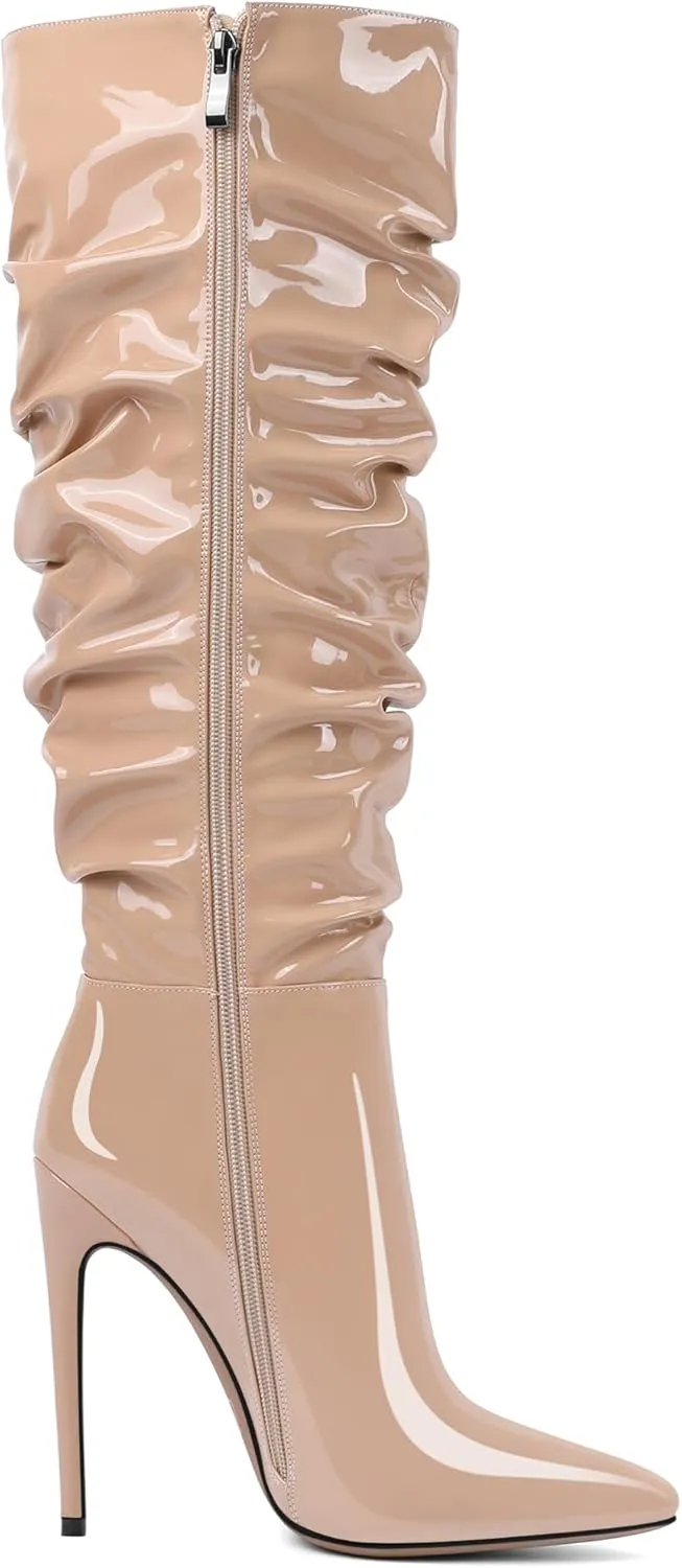 AUMOTED Knee High Boots for Women Stiletto Heel Womens Boots Side Zipper Slouchy High Boots for Women 4.7 Inch Heeled Boots
