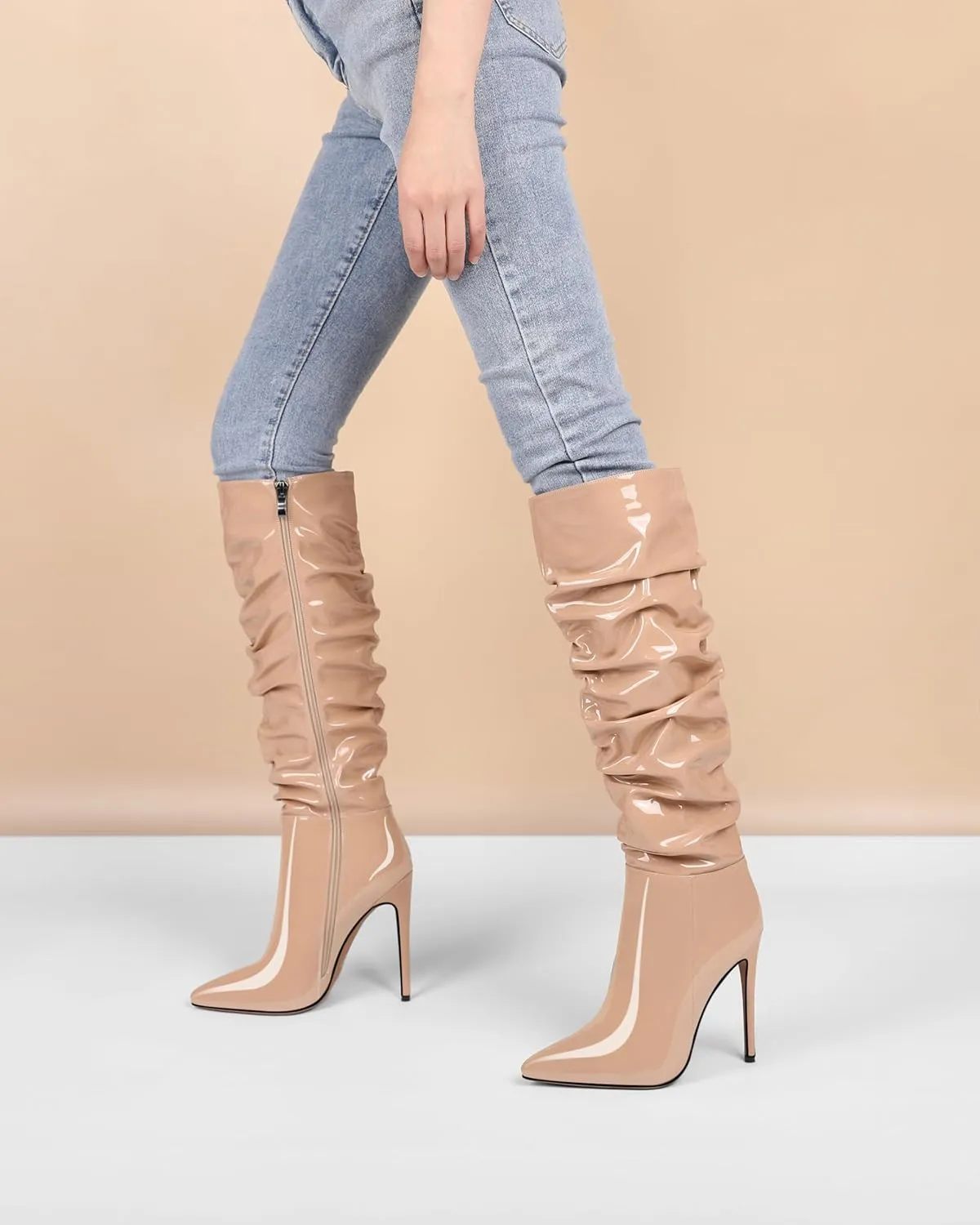 AUMOTED Knee High Boots for Women Stiletto Heel Womens Boots Side Zipper Slouchy High Boots for Women 4.7 Inch Heeled Boots