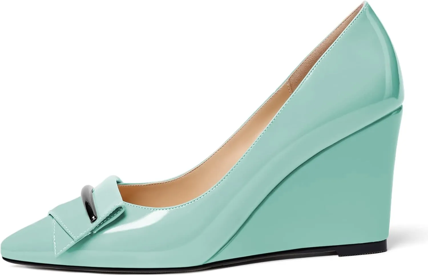 AUMOTED Women Wedge Heels Pumps Pointed Toe Slip on High Heeled Bow Heels Classic Wedge Heel Dress Shoes for Office Wedding Work Evening 3.5 Inches