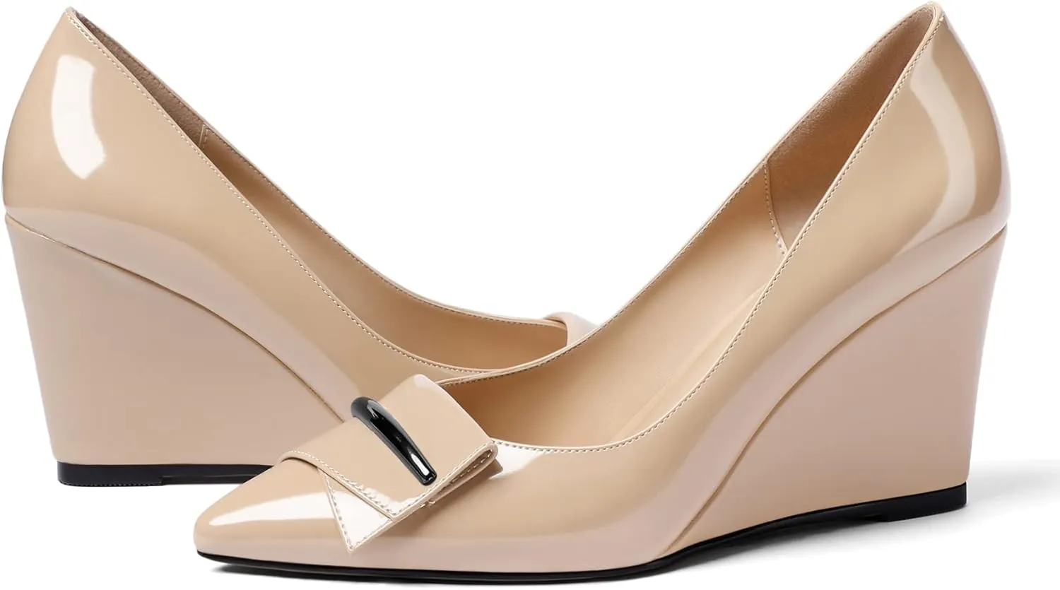 AUMOTED Women Wedge Heels Pumps Pointed Toe Slip on High Heeled Bow Heels Classic Wedge Heel Dress Shoes for Office Wedding Work Evening 3.5 Inches