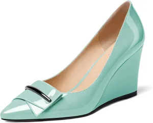 AUMOTED Women Wedge Heels Pumps Pointed Toe Slip on High Heeled Bow Heels Classic Wedge Heel Dress Shoes for Office Wedding Work Evening 3.5 Inches