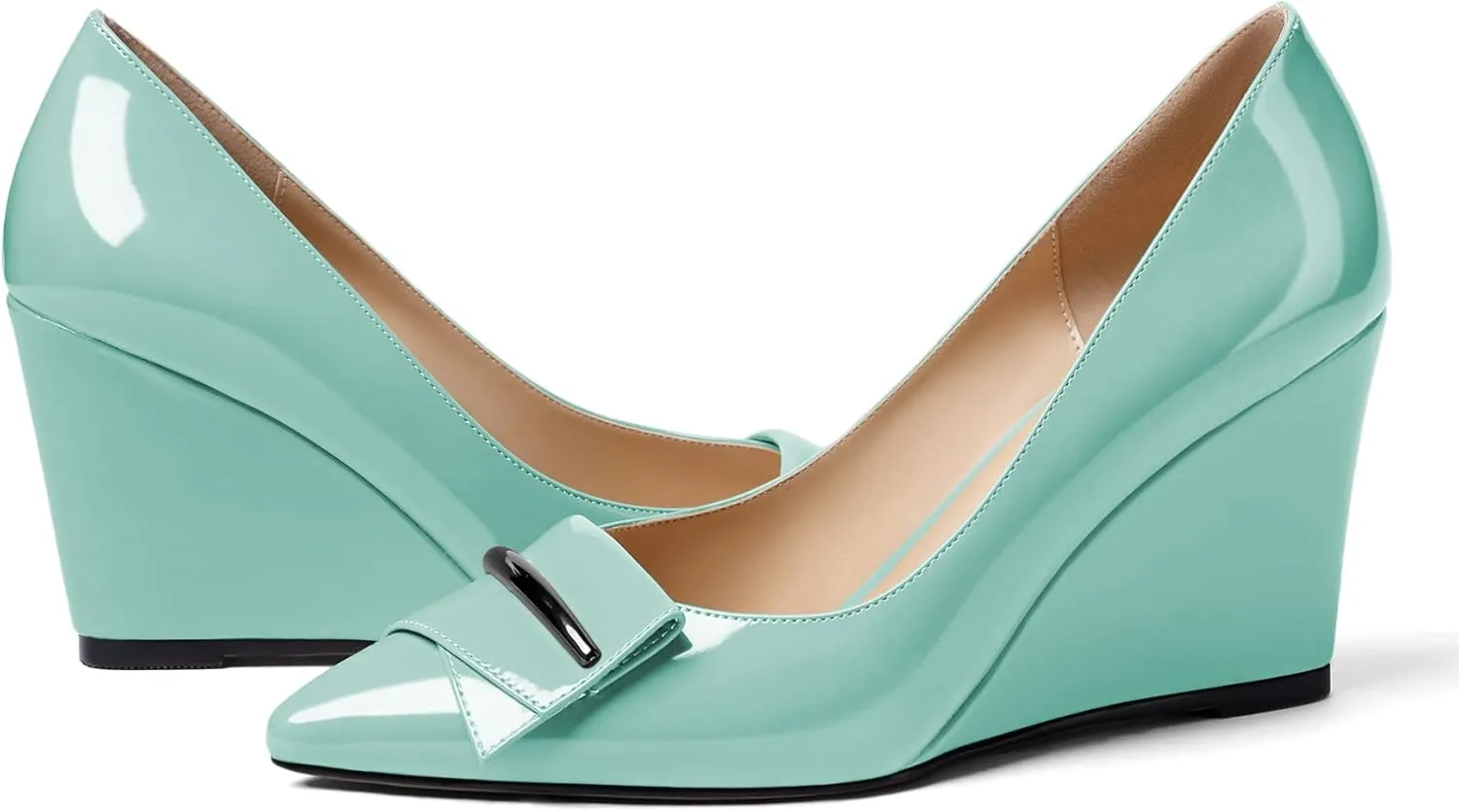 AUMOTED Women Wedge Heels Pumps Pointed Toe Slip on High Heeled Bow Heels Classic Wedge Heel Dress Shoes for Office Wedding Work Evening 3.5 Inches