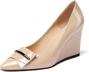 AUMOTED Women Wedge Heels Pumps Pointed Toe Slip on High Heeled Bow Heels Classic Wedge Heel Dress Shoes for Office Wedding Work Evening 3.5 Inches