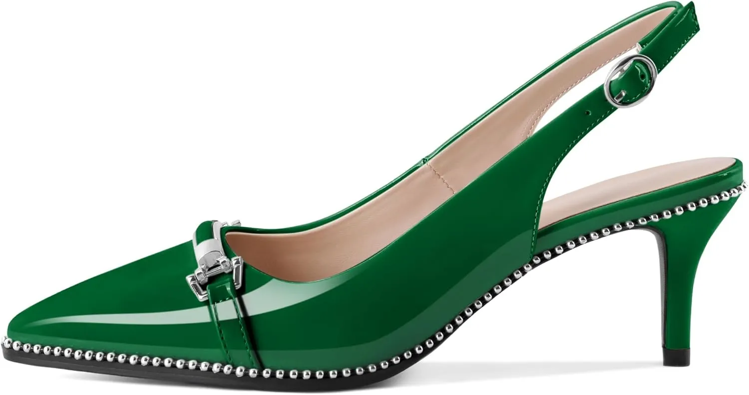 AUMOTED Women's Slingback Heels Beaded Kitten Pumps Pointed Toe Low Heels Comfortable 2.5 Inch Dress Sandals