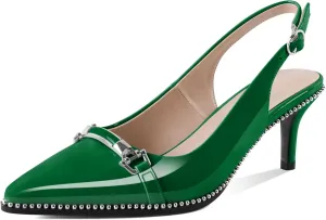 AUMOTED Women's Slingback Heels Beaded Kitten Pumps Pointed Toe Low Heels Comfortable 2.5 Inch Dress Sandals