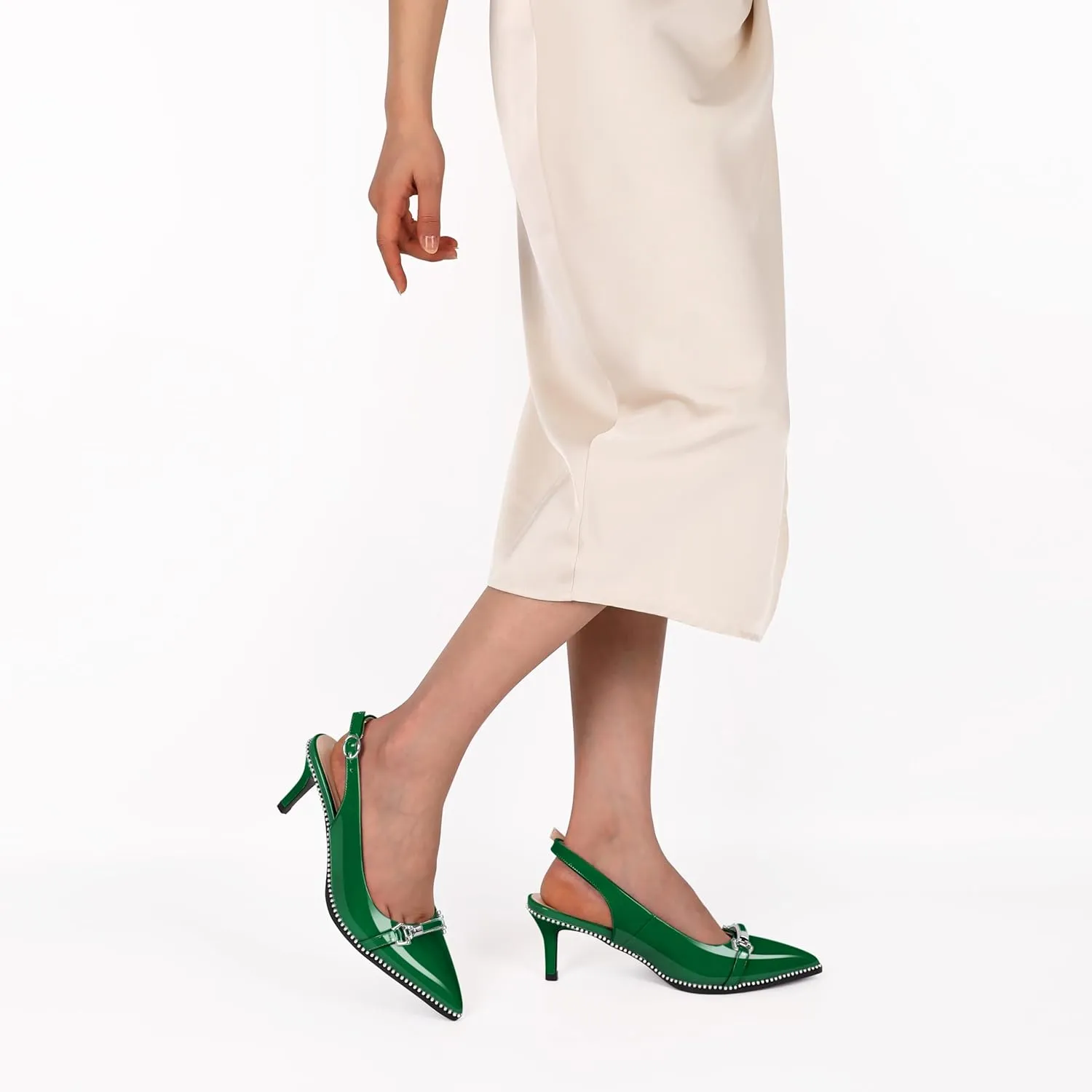 AUMOTED Women's Slingback Heels Beaded Kitten Pumps Pointed Toe Low Heels Comfortable 2.5 Inch Dress Sandals