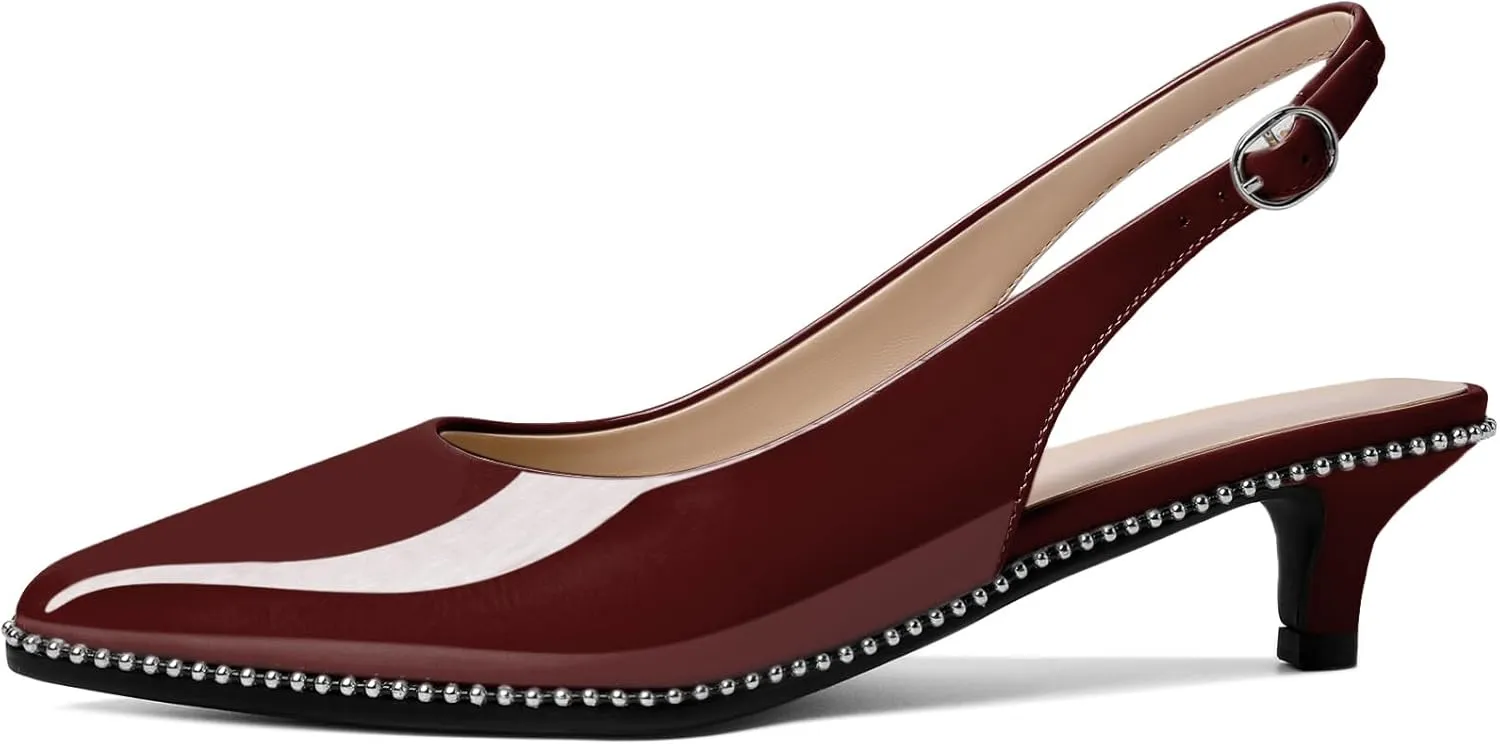 AUMOTED Women's Slingback Kitten Heels Pointed Toe Stiletto Low Heel Ankle-Strap with Beaded Pumps Dress Shoes 1.6 Inches