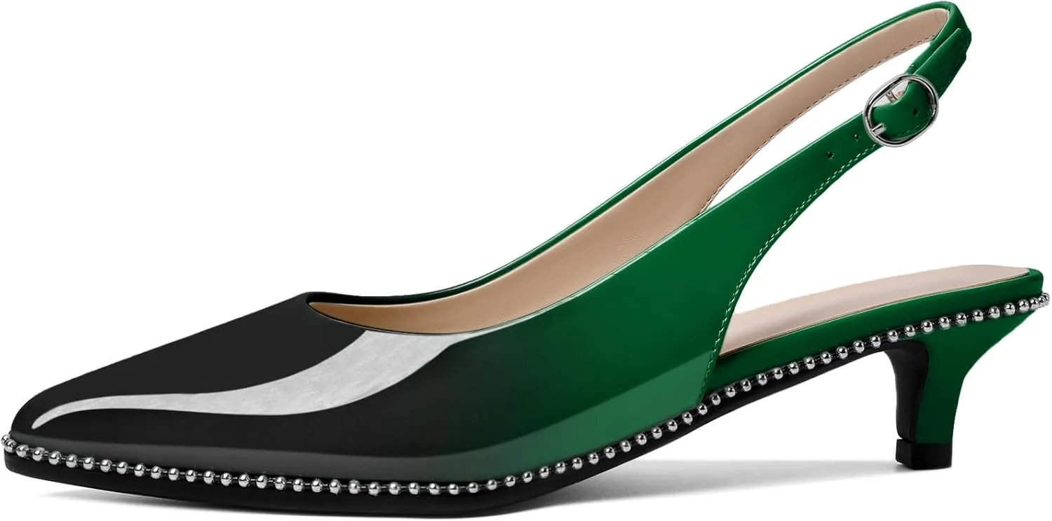 AUMOTED Women's Slingback Kitten Heels Pointed Toe Stiletto Low Heel Ankle-Strap with Beaded Pumps Dress Shoes 1.6 Inches