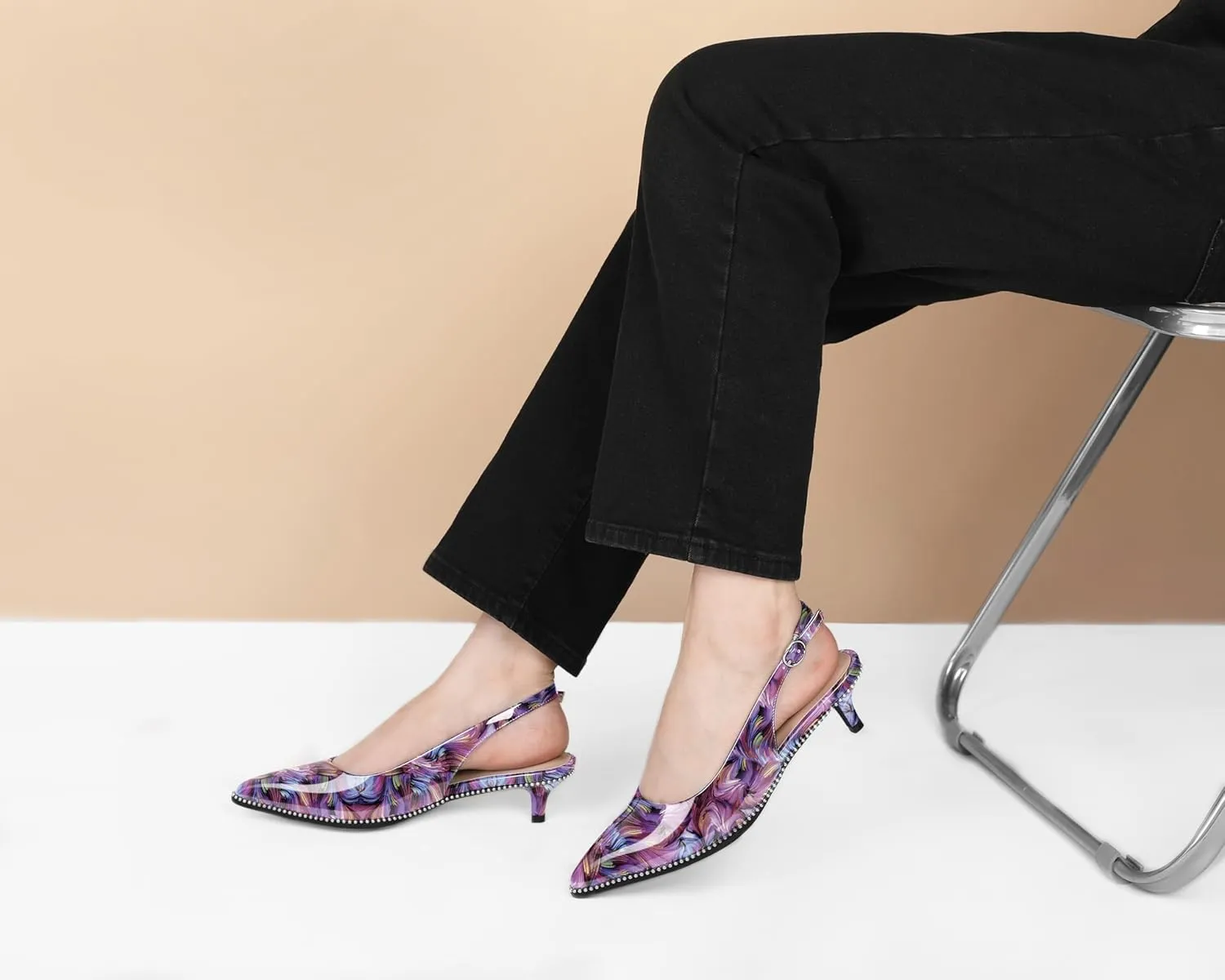 AUMOTED Women's Slingback Kitten Heels Pointed Toe Stiletto Low Heel Ankle-Strap with Beaded Pumps Dress Shoes 1.6 Inches