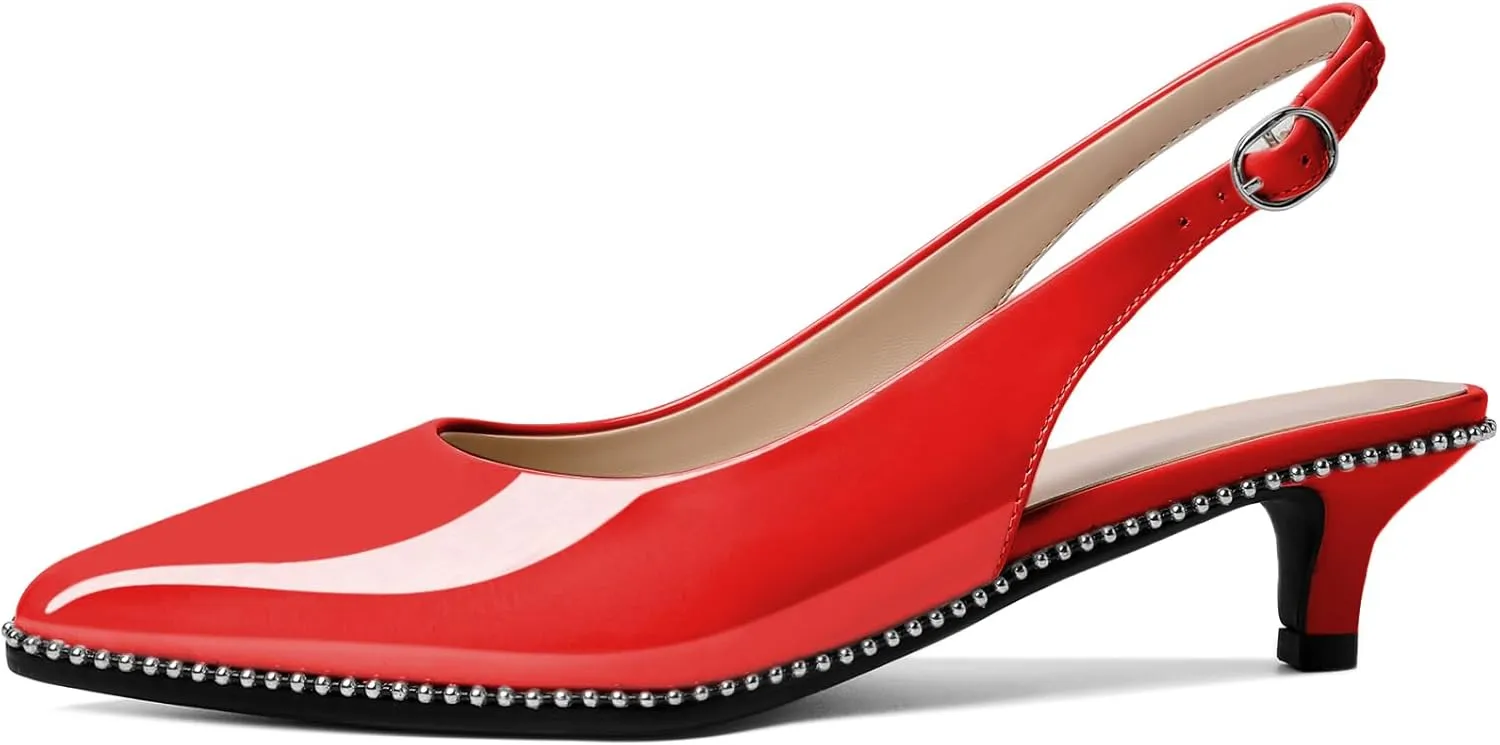 AUMOTED Women's Slingback Kitten Heels Pointed Toe Stiletto Low Heel Ankle-Strap with Beaded Pumps Dress Shoes 1.6 Inches