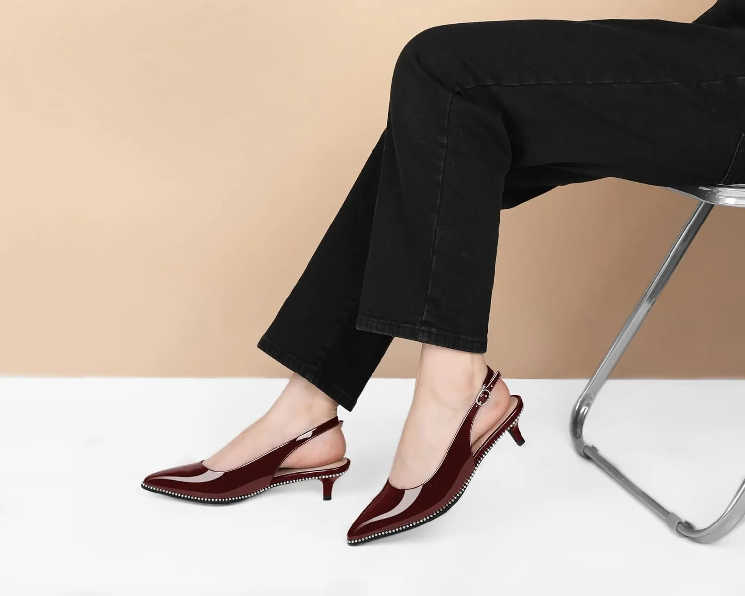 AUMOTED Women's Slingback Kitten Heels Pointed Toe Stiletto Low Heel Ankle-Strap with Beaded Pumps Dress Shoes 1.6 Inches