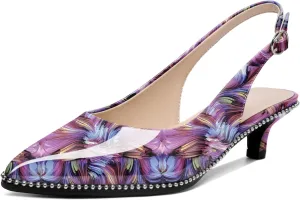 AUMOTED Women's Slingback Kitten Heels Pointed Toe Stiletto Low Heel Ankle-Strap with Beaded Pumps Dress Shoes 1.6 Inches