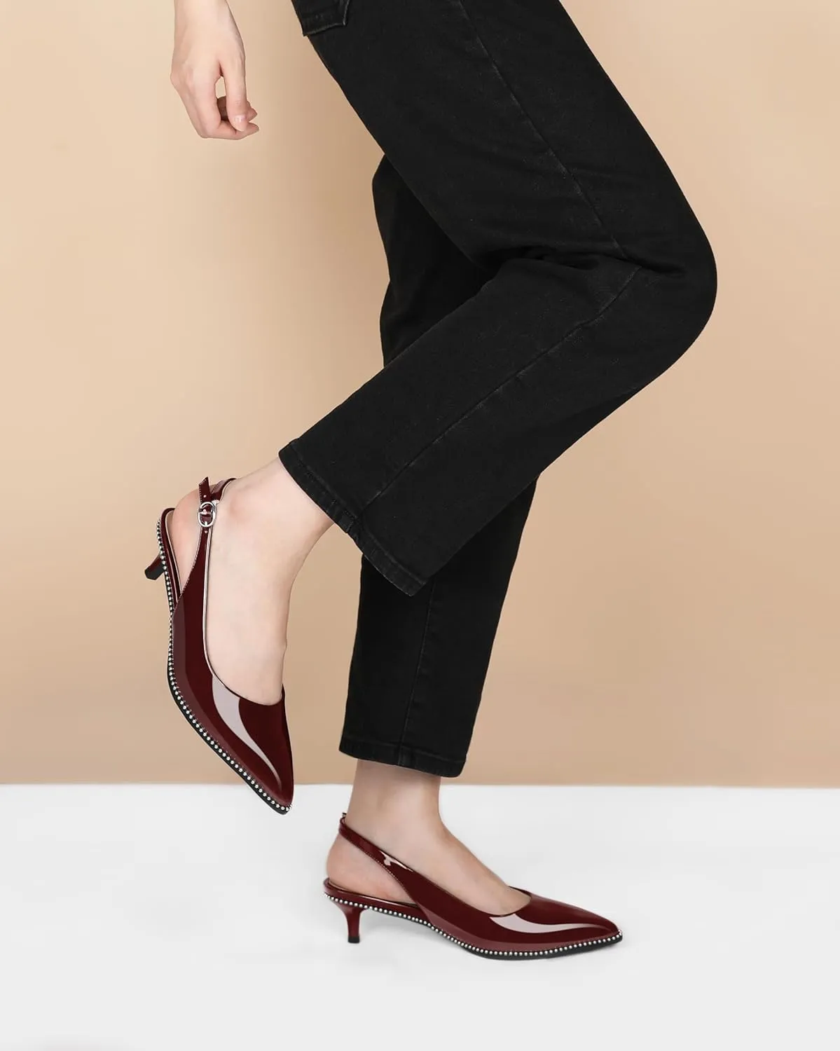 AUMOTED Women's Slingback Kitten Heels Pointed Toe Stiletto Low Heel Ankle-Strap with Beaded Pumps Dress Shoes 1.6 Inches
