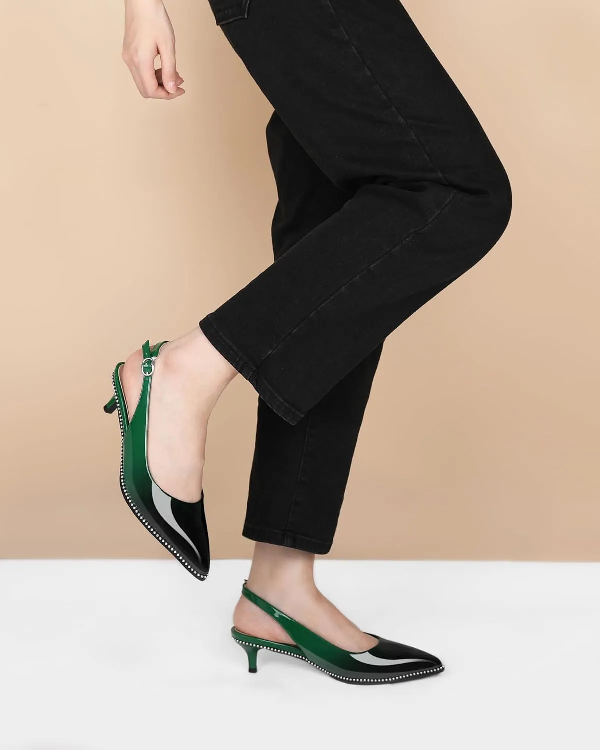 AUMOTED Women's Slingback Kitten Heels Pointed Toe Stiletto Low Heel Ankle-Strap with Beaded Pumps Dress Shoes 1.6 Inches