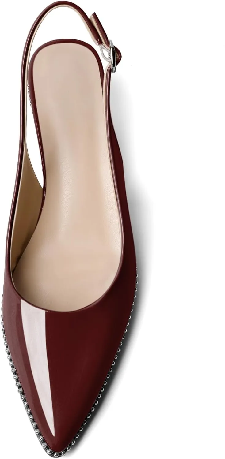 AUMOTED Women's Slingback Kitten Heels Pointed Toe Stiletto Low Heel Ankle-Strap with Beaded Pumps Dress Shoes 1.6 Inches