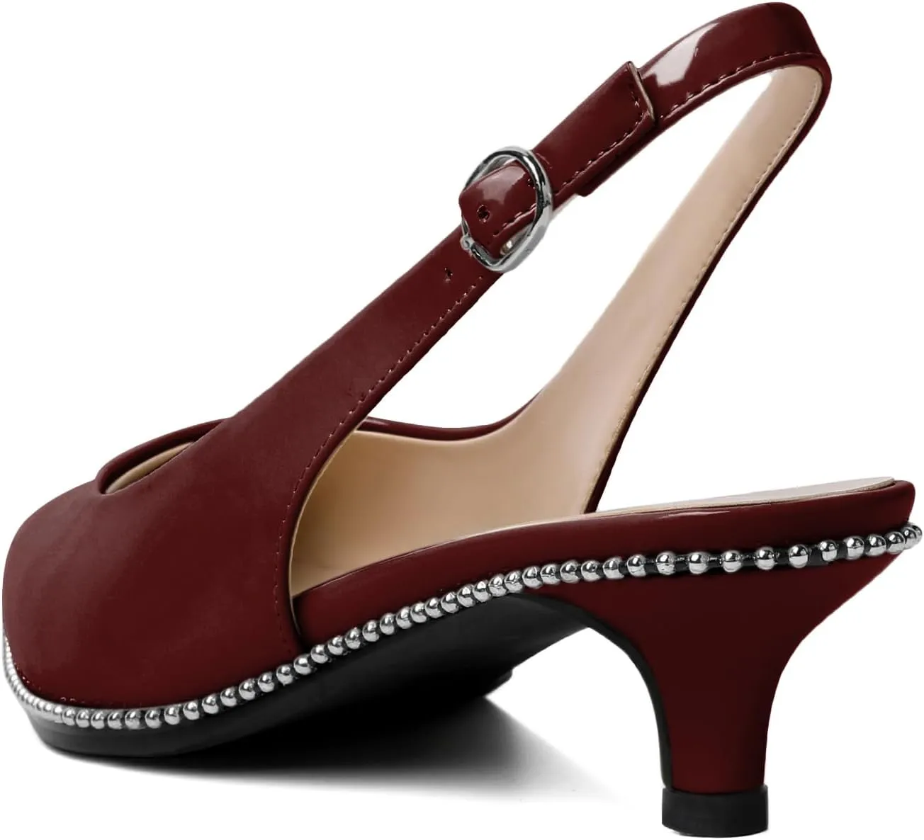 AUMOTED Women's Slingback Kitten Heels Pointed Toe Stiletto Low Heel Ankle-Strap with Beaded Pumps Dress Shoes 1.6 Inches