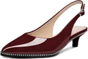 AUMOTED Women's Slingback Kitten Heels Pointed Toe Stiletto Low Heel Ankle-Strap with Beaded Pumps Dress Shoes 1.6 Inches