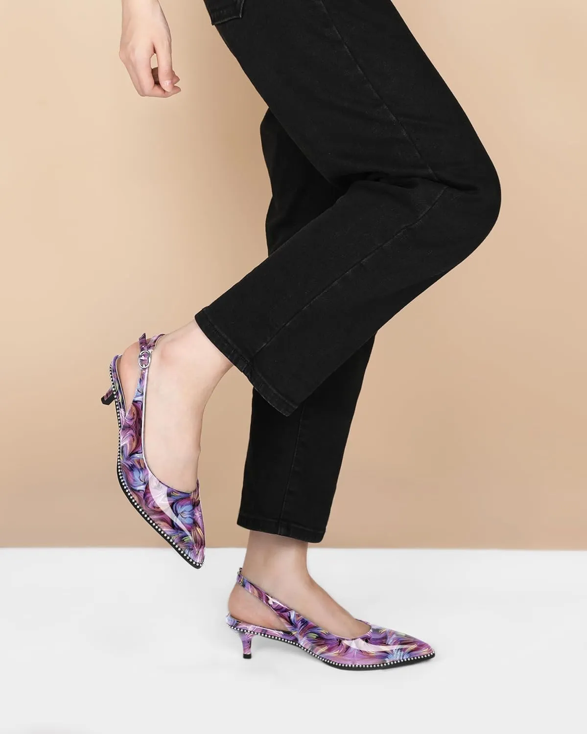 AUMOTED Women's Slingback Kitten Heels Pointed Toe Stiletto Low Heel Ankle-Strap with Beaded Pumps Dress Shoes 1.6 Inches