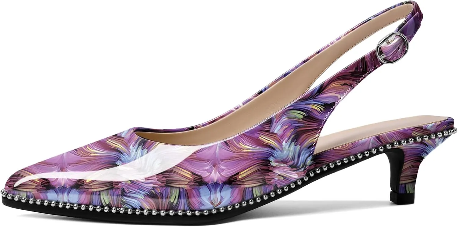 AUMOTED Women's Slingback Kitten Heels Pointed Toe Stiletto Low Heel Ankle-Strap with Beaded Pumps Dress Shoes 1.6 Inches