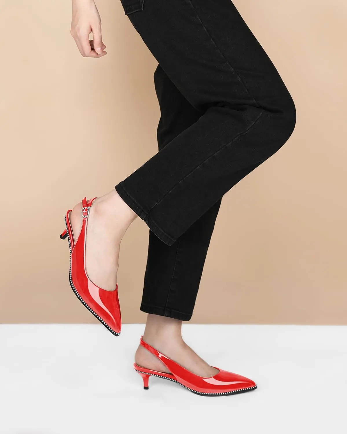 AUMOTED Women's Slingback Kitten Heels Pointed Toe Stiletto Low Heel Ankle-Strap with Beaded Pumps Dress Shoes 1.6 Inches
