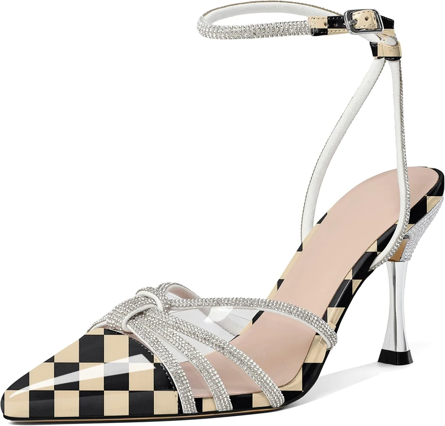 AUMOTED Women's Stiletto High Heel Pumps Ladies Clear Heels Patent Pointed Toe Pumps Crystal Rhinestones Ankle Strap Wedding Bridal Dress Heeled Sandals 3.4 Inch