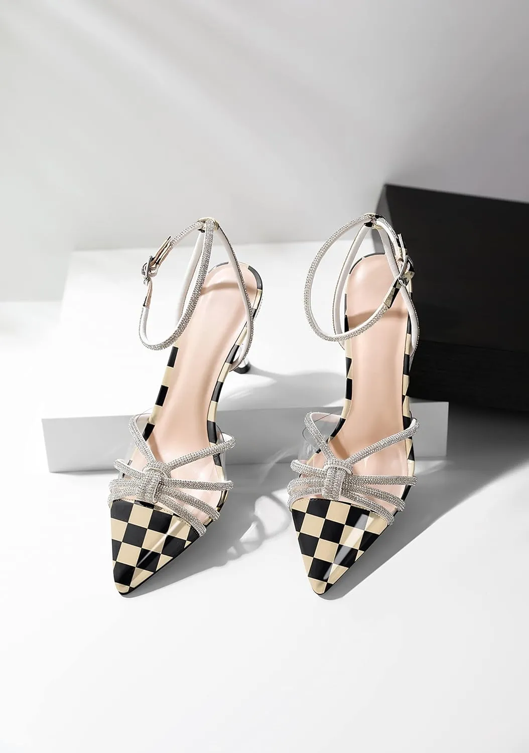 AUMOTED Women's Stiletto High Heel Pumps Ladies Clear Heels Patent Pointed Toe Pumps Crystal Rhinestones Ankle Strap Wedding Bridal Dress Heeled Sandals 3.4 Inch
