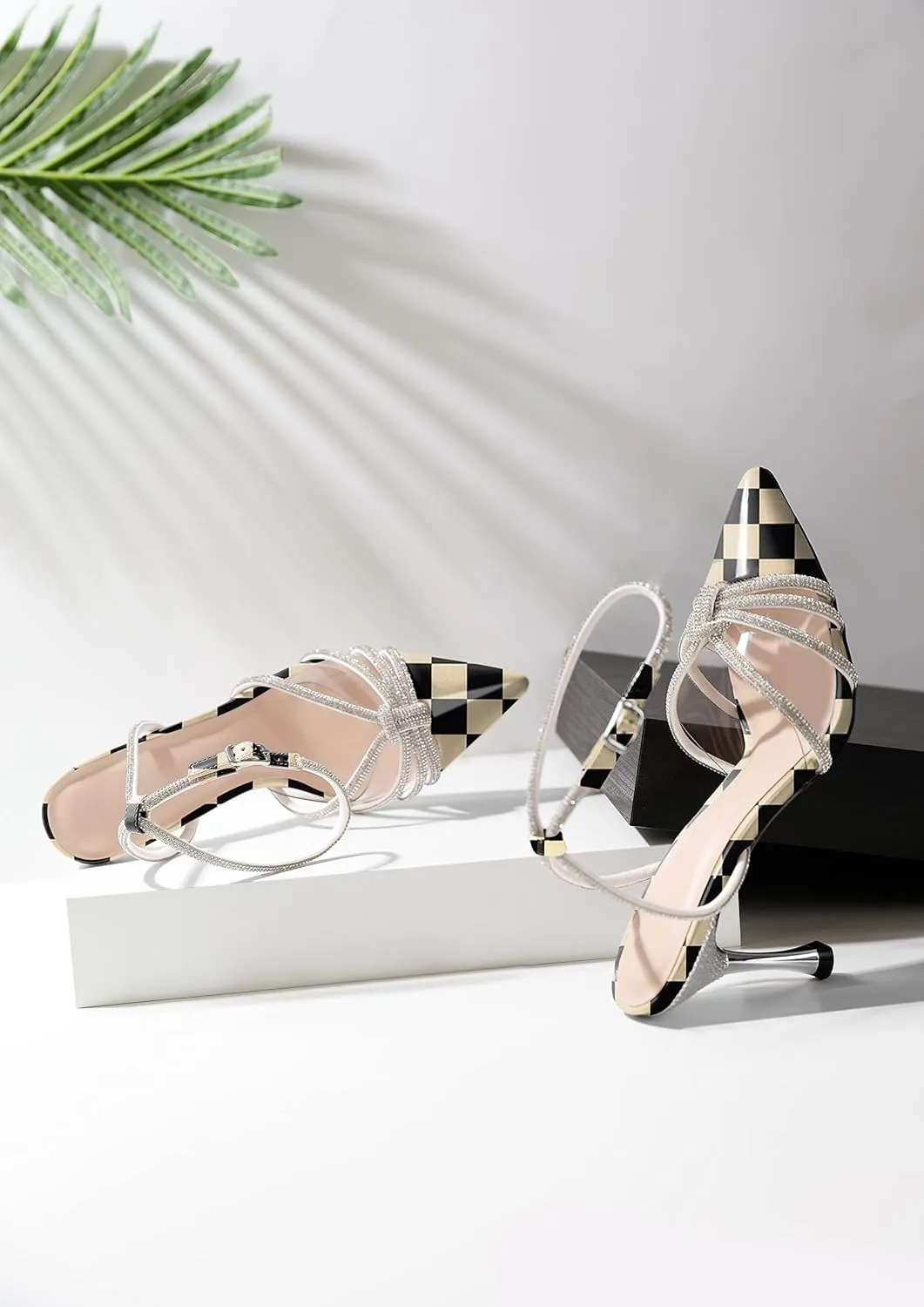 AUMOTED Women's Stiletto High Heel Pumps Ladies Clear Heels Patent Pointed Toe Pumps Crystal Rhinestones Ankle Strap Wedding Bridal Dress Heeled Sandals 3.4 Inch