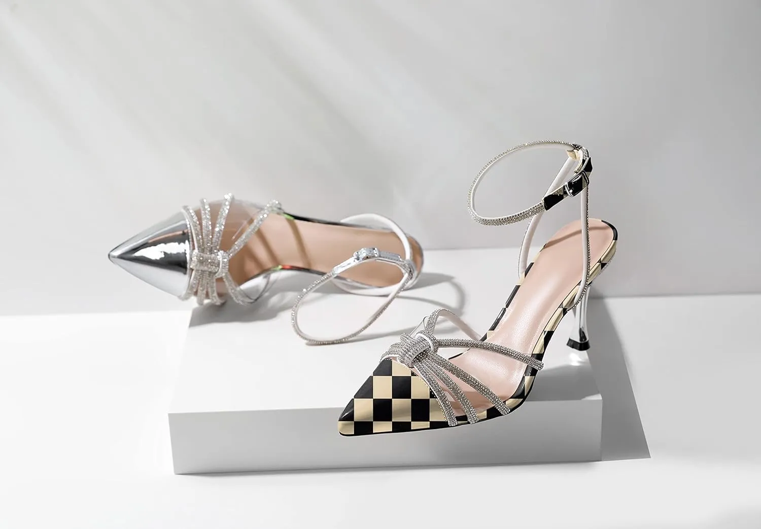 AUMOTED Women's Stiletto High Heel Pumps Ladies Clear Heels Patent Pointed Toe Pumps Crystal Rhinestones Ankle Strap Wedding Bridal Dress Heeled Sandals 3.4 Inch