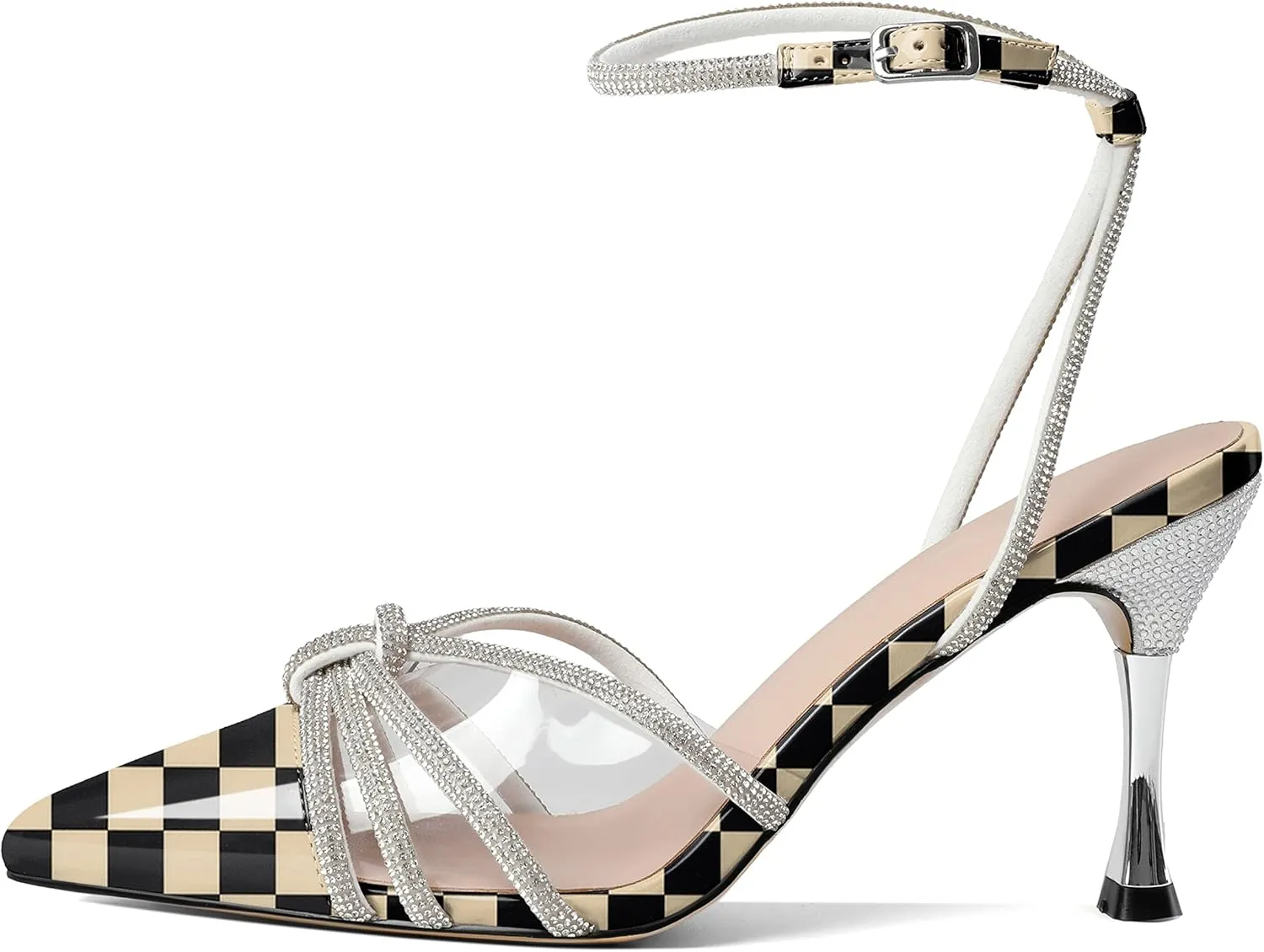 AUMOTED Women's Stiletto High Heel Pumps Ladies Clear Heels Patent Pointed Toe Pumps Crystal Rhinestones Ankle Strap Wedding Bridal Dress Heeled Sandals 3.4 Inch