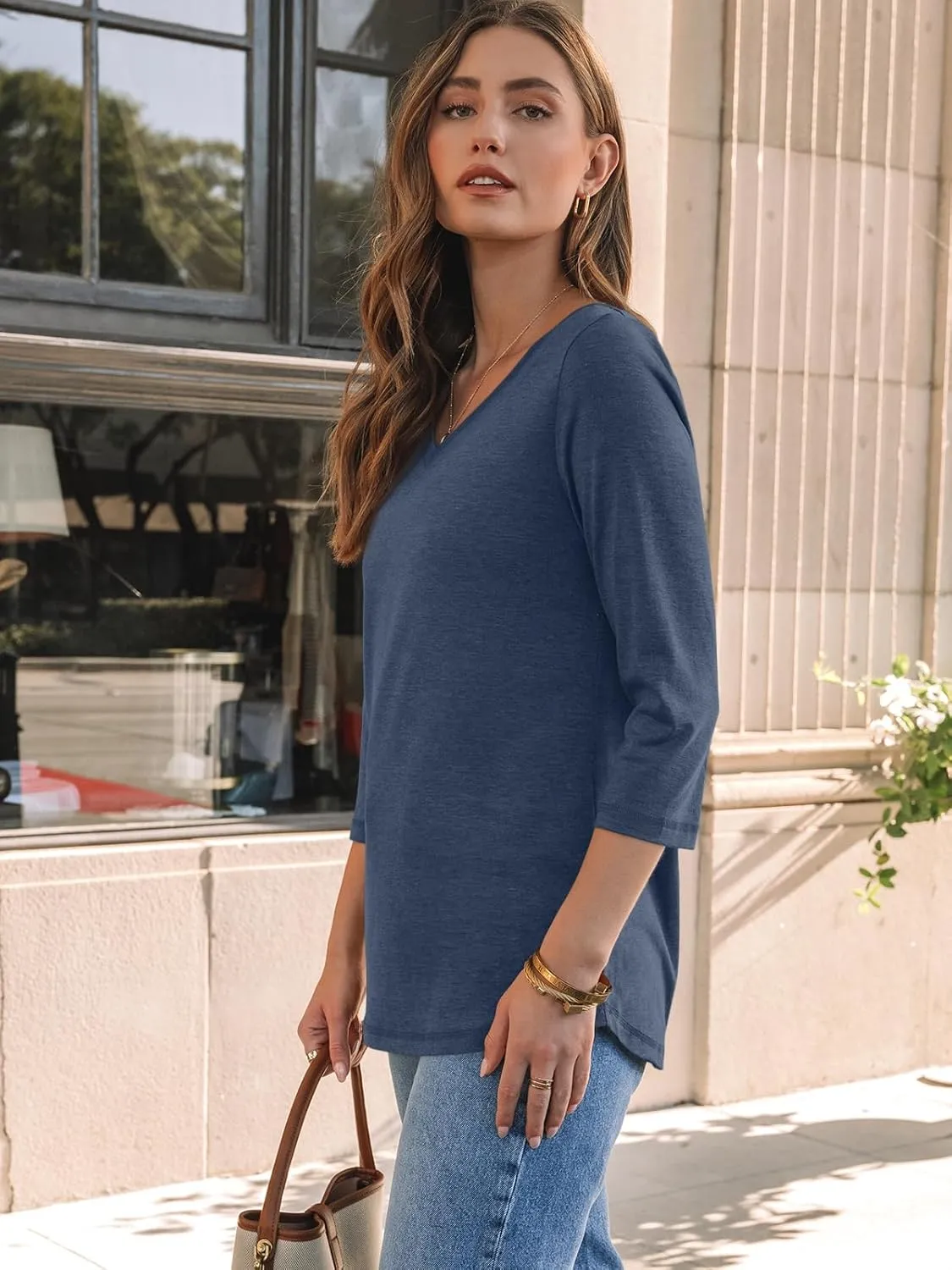 AUTOMET Womens 3/4 Length Sleeve Tops 2025 Summer V Neck Tee Shirts Dressy Casual Work Tunic Blouses Spring Clothes