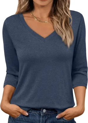 AUTOMET Womens 3/4 Length Sleeve Tops 2025 Summer V Neck Tee Shirts Dressy Casual Work Tunic Blouses Spring Clothes