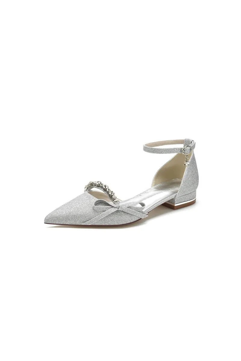 Beaded Pointed Toe Ankle Strap Wedding Shoes With Bow