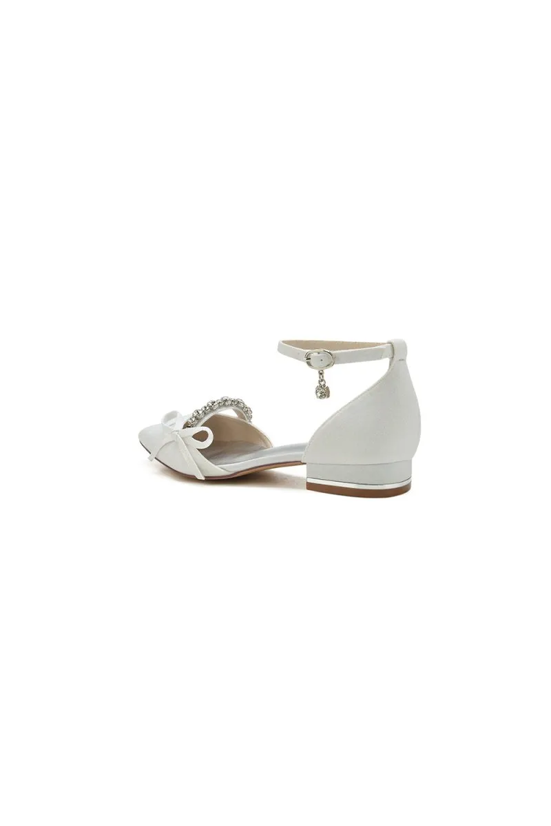 Beaded Pointed Toe Ankle Strap Wedding Shoes With Bow