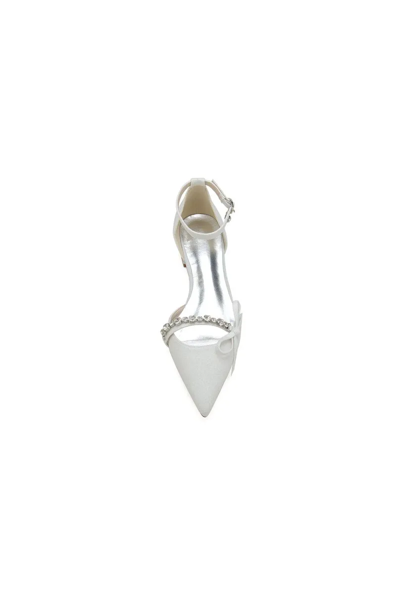 Beaded Pointed Toe Ankle Strap Wedding Shoes With Bow