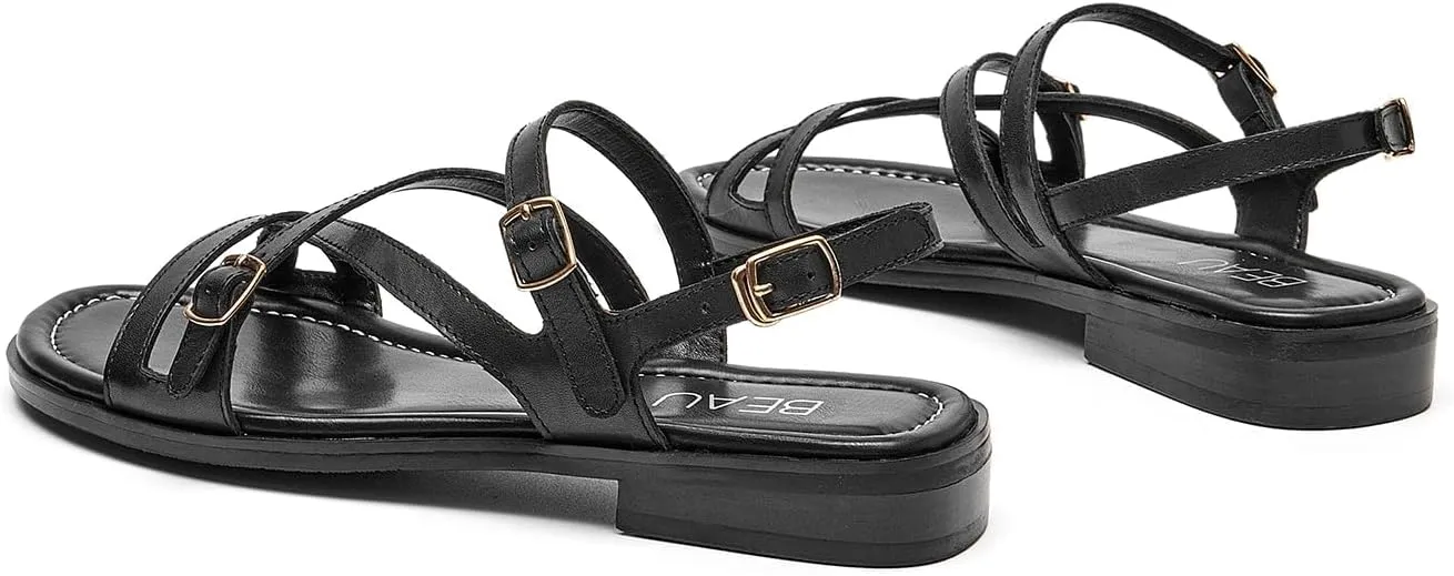 BEAU TODAY Flat Sandals for Women, Fashion Strappy Sandal Comfortable Arch Support Open Toe Beach Dressy Leather Summer Low Platform Sandals