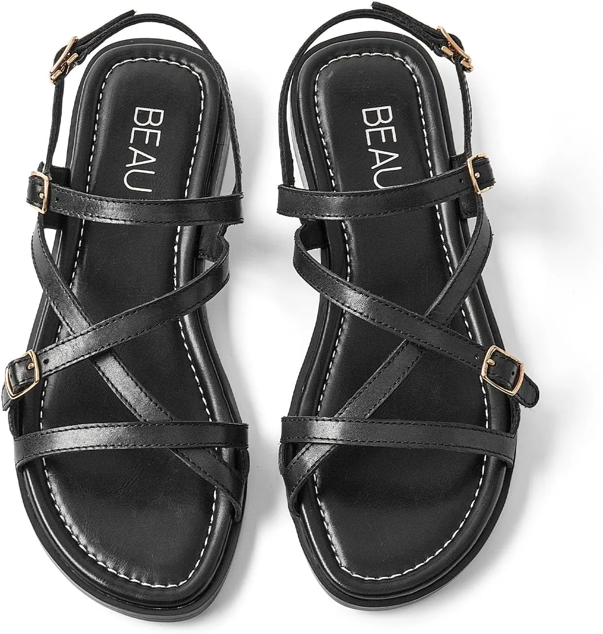 BEAU TODAY Flat Sandals for Women, Fashion Strappy Sandal Comfortable Arch Support Open Toe Beach Dressy Leather Summer Low Platform Sandals