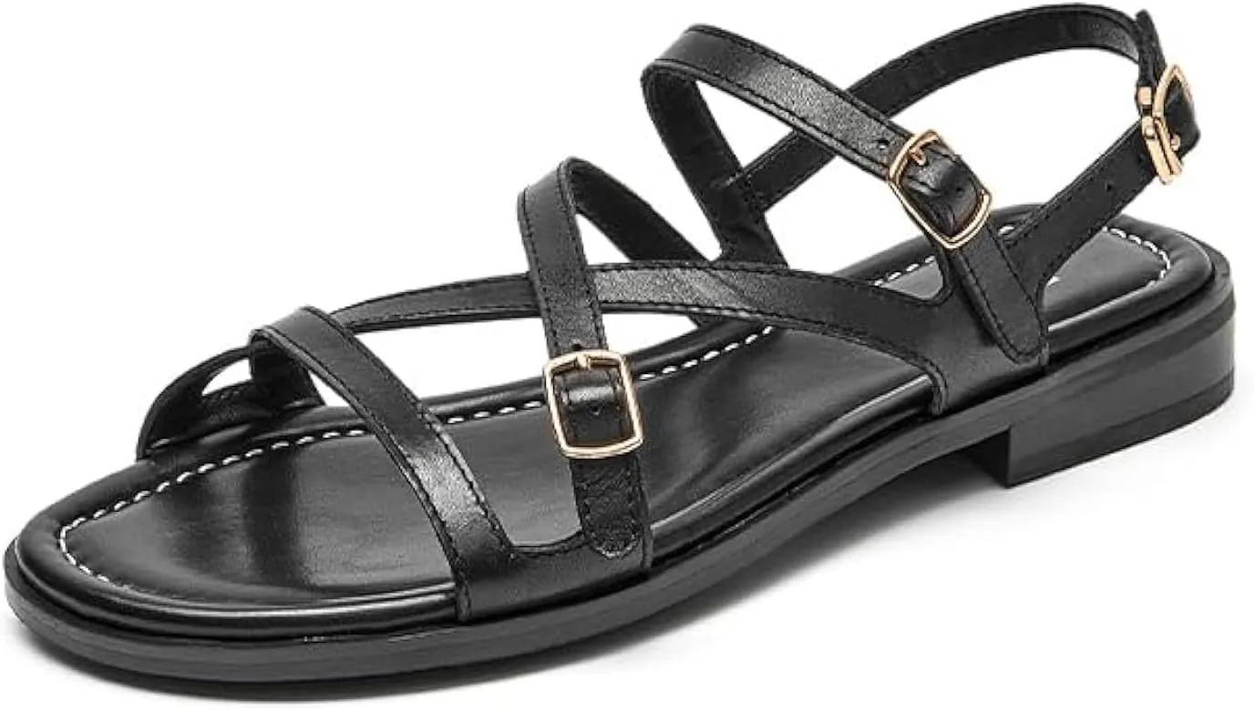 BEAU TODAY Flat Sandals for Women, Fashion Strappy Sandal Comfortable Arch Support Open Toe Beach Dressy Leather Summer Low Platform Sandals