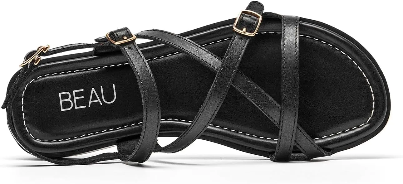 BEAU TODAY Flat Sandals for Women, Fashion Strappy Sandal Comfortable Arch Support Open Toe Beach Dressy Leather Summer Low Platform Sandals