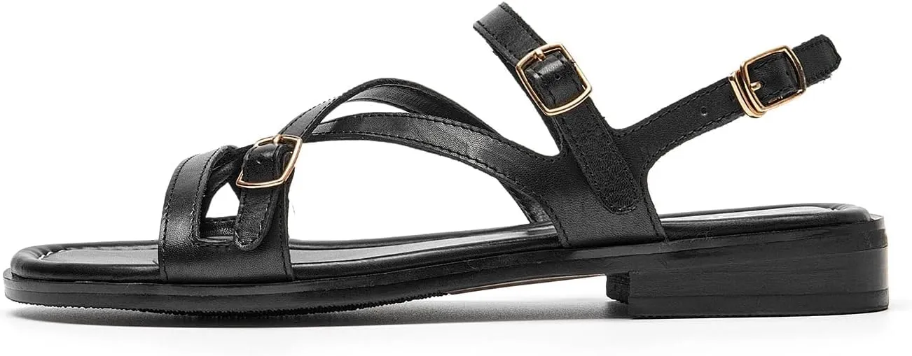 BEAU TODAY Flat Sandals for Women, Fashion Strappy Sandal Comfortable Arch Support Open Toe Beach Dressy Leather Summer Low Platform Sandals