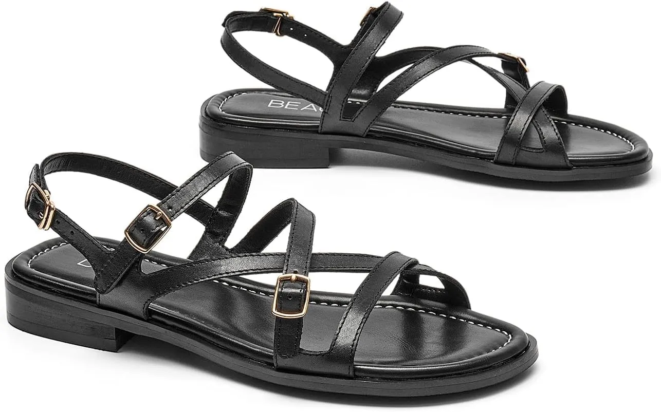 BEAU TODAY Flat Sandals for Women, Fashion Strappy Sandal Comfortable Arch Support Open Toe Beach Dressy Leather Summer Low Platform Sandals