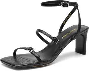 BEAU TODAY Women‘s Heeled Sandals, Strappy Heels for Women Leather Sandals for Party, Prom, Square Open Toe Ankle Strap High Heel Dressy Summer Shoes