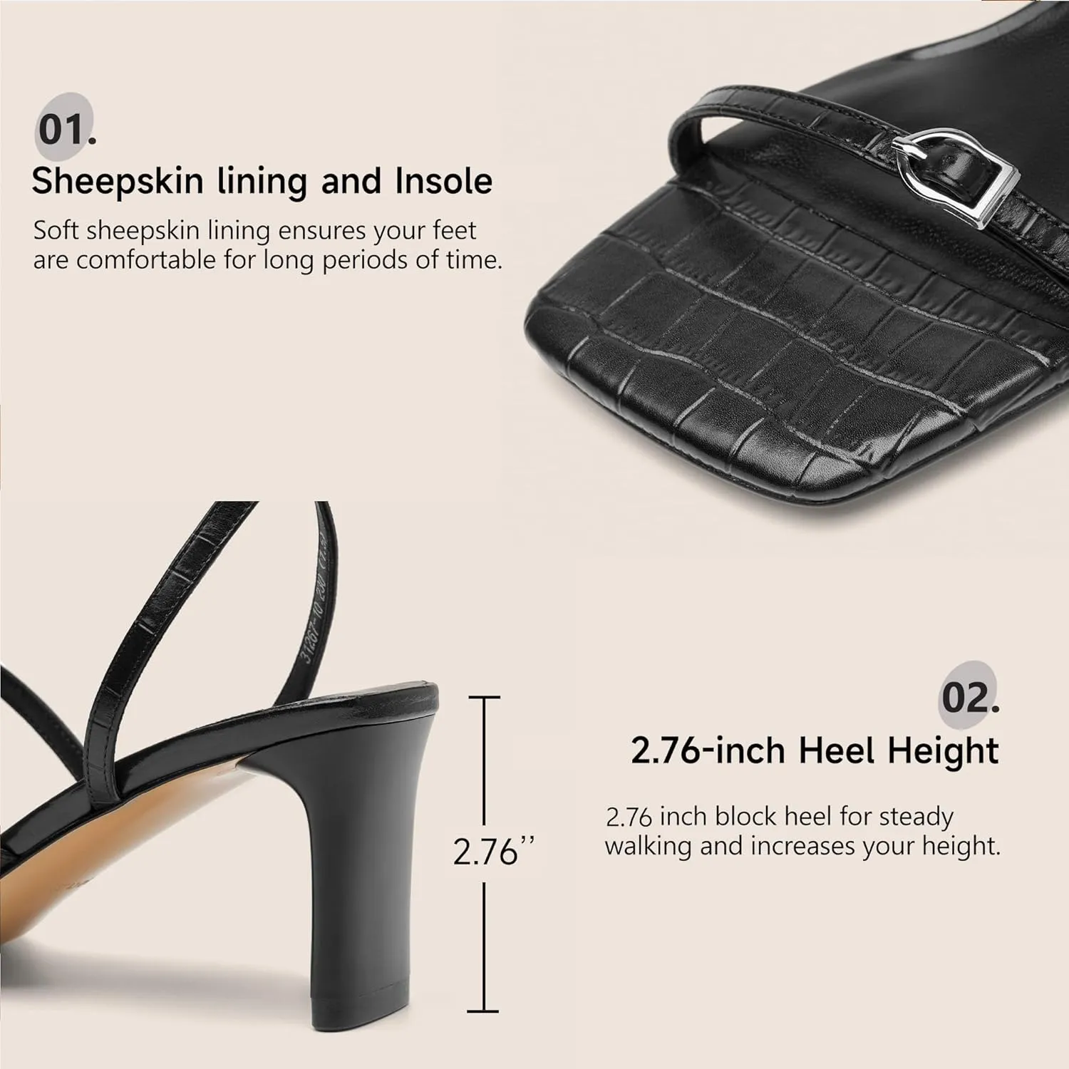 BEAU TODAY Women‘s Heeled Sandals, Strappy Heels for Women Leather Sandals for Party, Prom, Square Open Toe Ankle Strap High Heel Dressy Summer Shoes