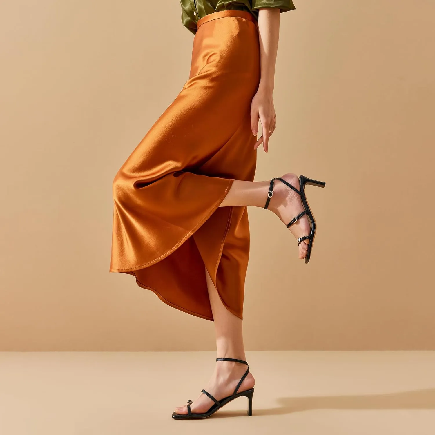 BEAU TODAY Women‘s Heeled Sandals, Strappy Heels for Women Leather Sandals for Party, Prom, Square Open Toe Ankle Strap High Heel Dressy Summer Shoes