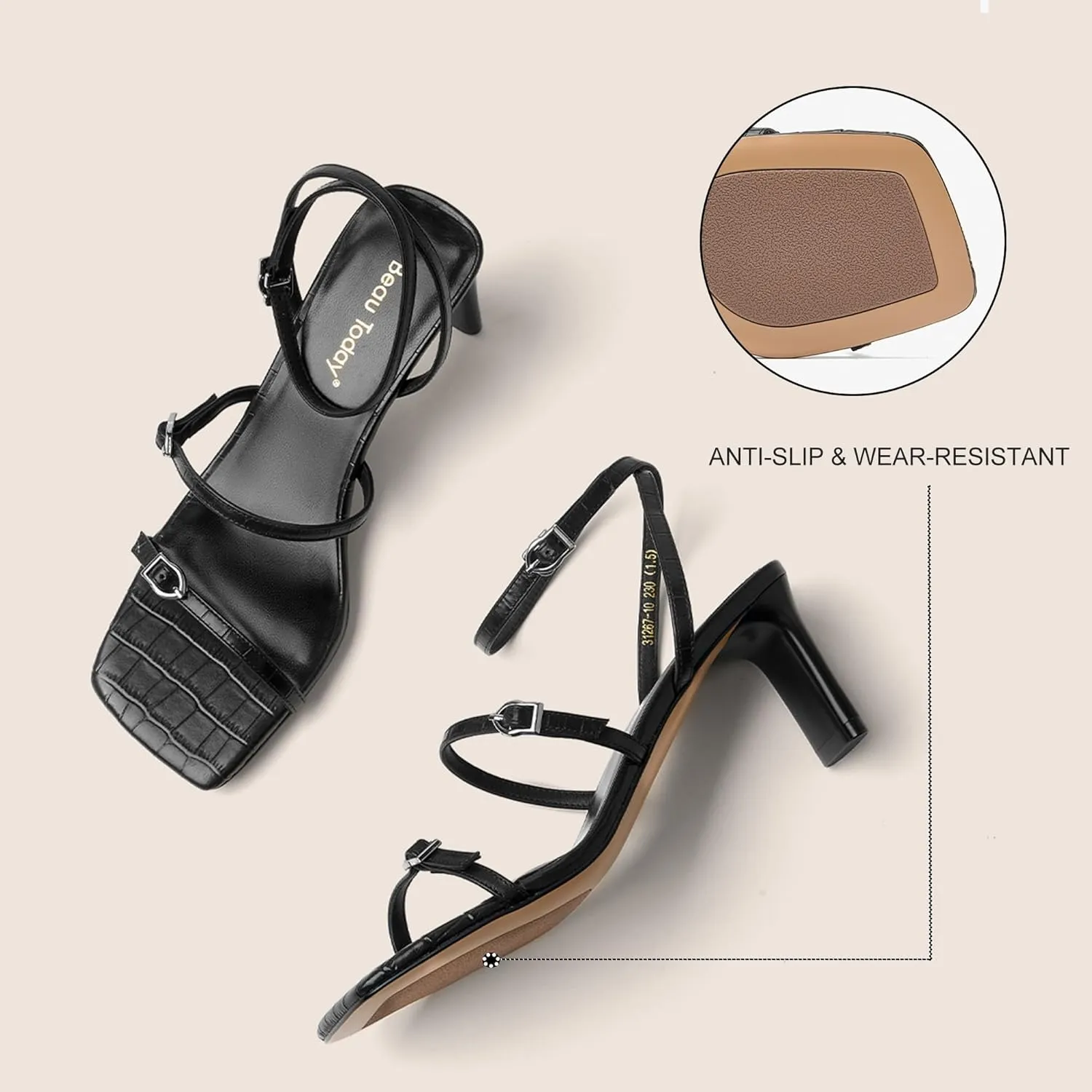 BEAU TODAY Women‘s Heeled Sandals, Strappy Heels for Women Leather Sandals for Party, Prom, Square Open Toe Ankle Strap High Heel Dressy Summer Shoes
