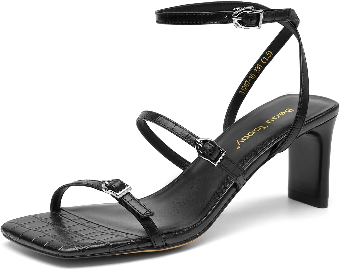 BEAU TODAY Women‘s Heeled Sandals, Strappy Heels for Women Leather Sandals for Party, Prom, Square Open Toe Ankle Strap High Heel Dressy Summer Shoes